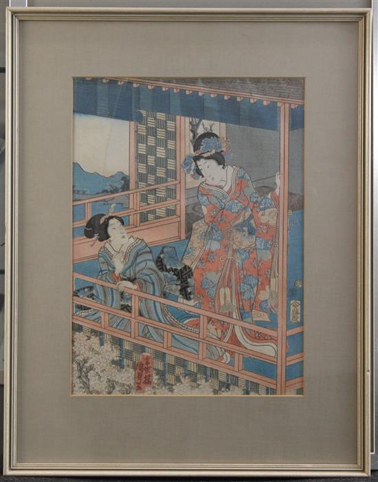 Kunisada / Toyokuni Woman with kimono, Courtesans on a terrace and actors, largest 14 x 9.5in.